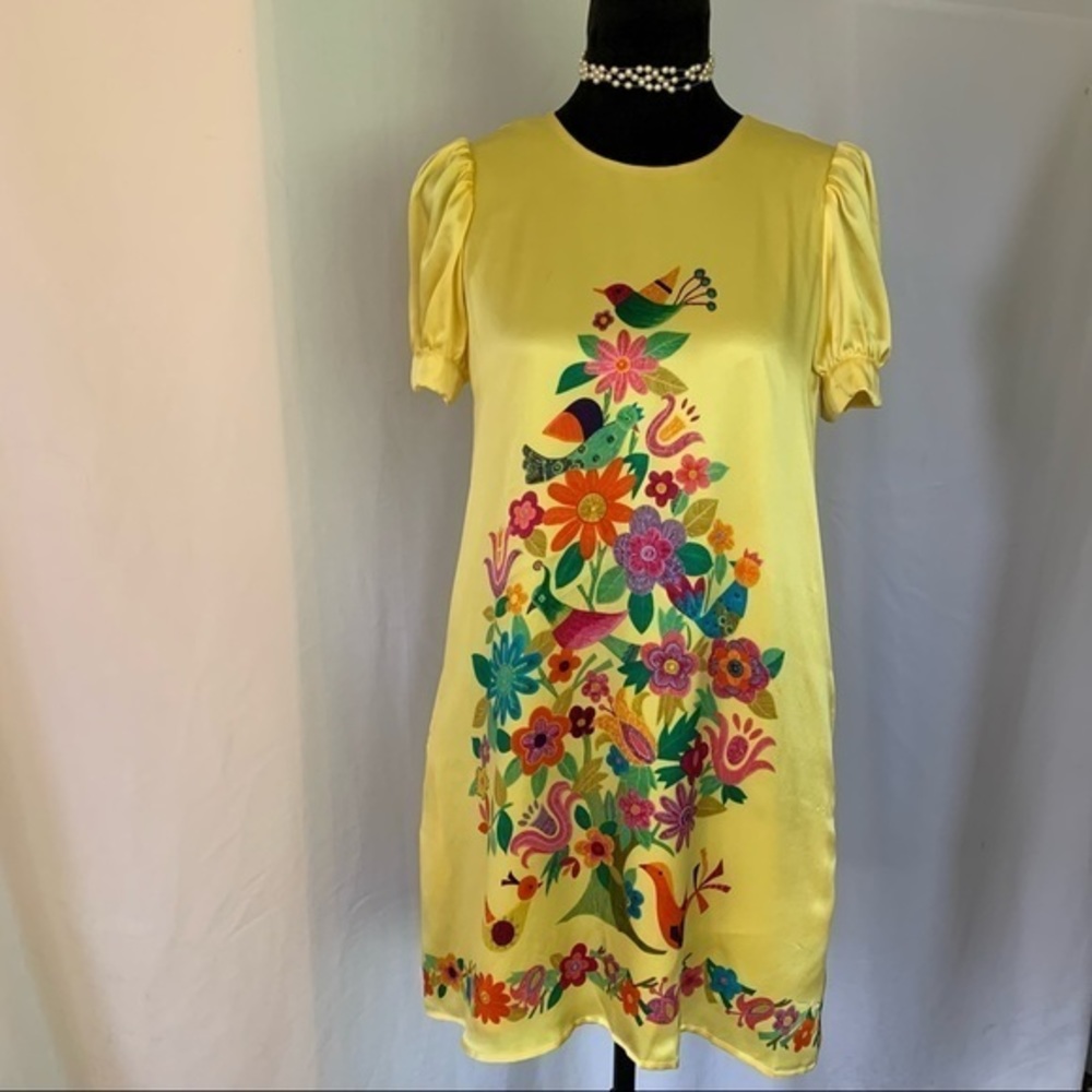 Voom Joy Han Unique Vintage Silk Yellow Babydoll Floral Printed Cap sleeve Dress